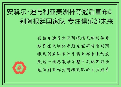 安赫尔·迪马利亚美洲杯夺冠后宣布告别阿根廷国家队 专注俱乐部未来 安赫尔·迪马利亚美洲杯夺冠后宣布告别阿根廷国家队 专注俱乐部未来
