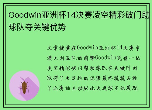 Goodwin亚洲杯14决赛凌空精彩破门助球队夺关键优势